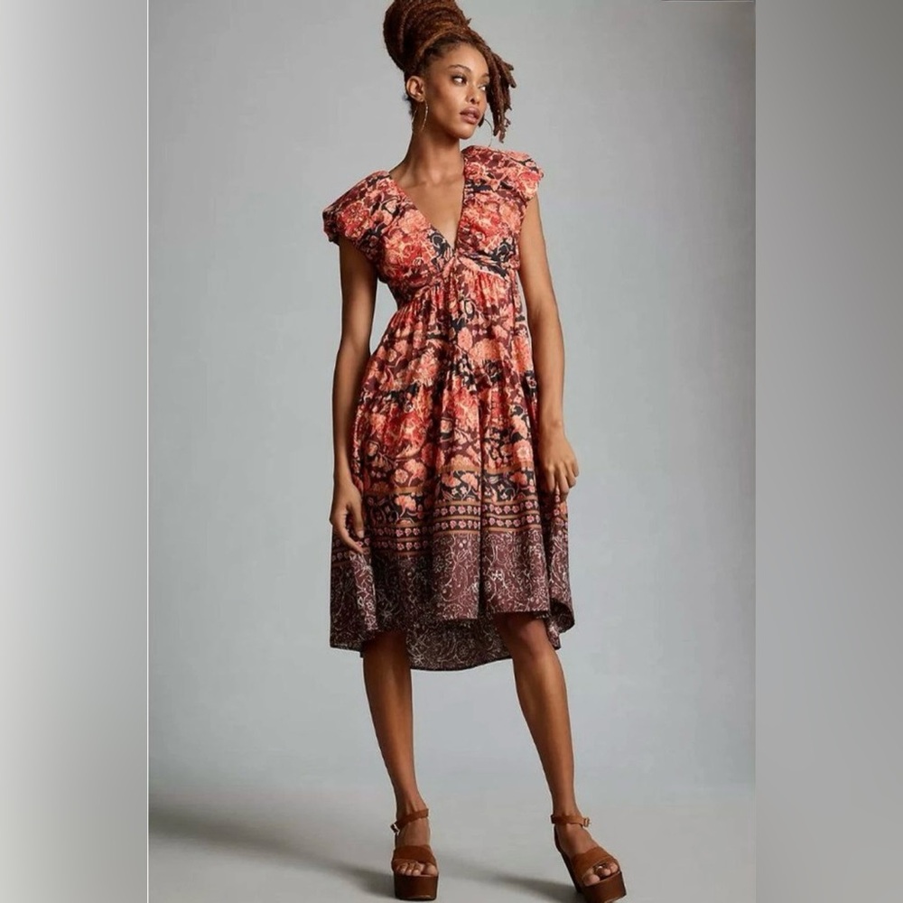 Anthropology Printed V-Neck Baby Doll Dress